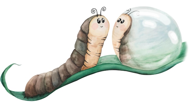 Watercolor painting character collection Sweet Millipede. Millipede on the grass washes.