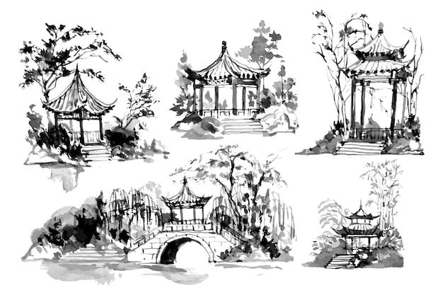 Vector watercolor painting in chinese ink style sumie pavilion in nature set