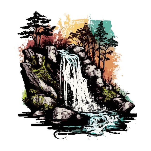 Watercolor painting of a classic waterfall panorama