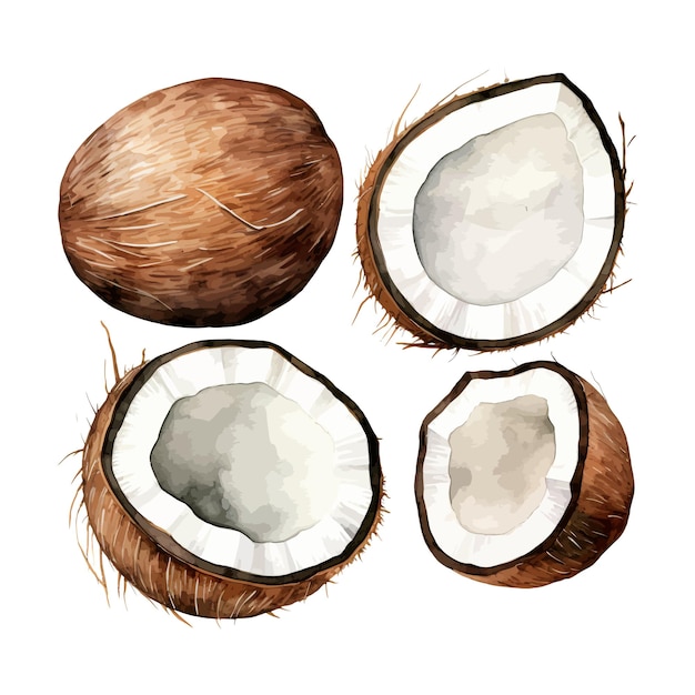 Vector watercolor painting of coconut four collection