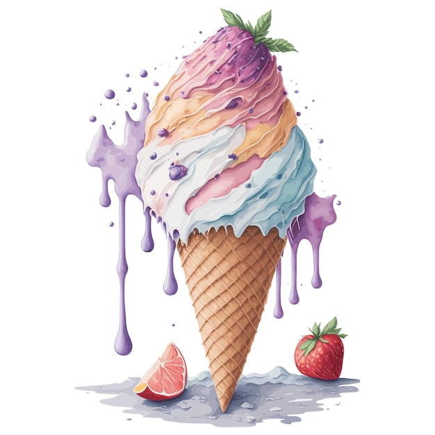 A watercolor painting of a colorful ice cream cone with a strawberry on the top.