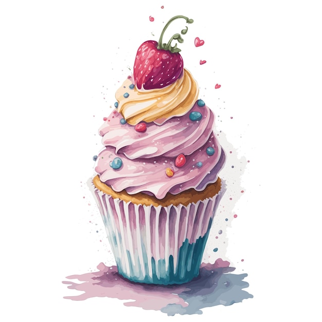 A watercolor painting of a cupcake with a strawberry on top.