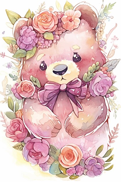 A watercolor painting of a cute bear with flowers