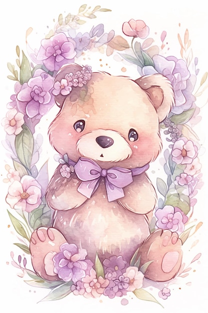 A watercolor painting of a cute teddy bear with a purple bow.