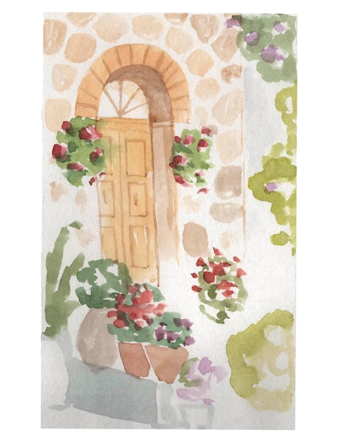 A watercolor painting of a door in a house in the village of agia