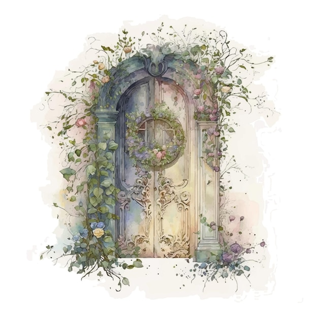 A watercolor painting of a door with a wreath on it