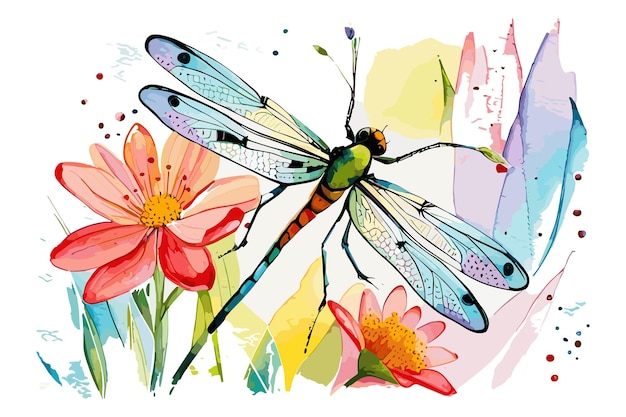 Vector a watercolor painting of a dragonfly with flower