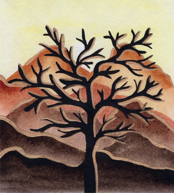 Vector watercolor painting of a dried tree against the backdrop of a mountainous sandy landscape