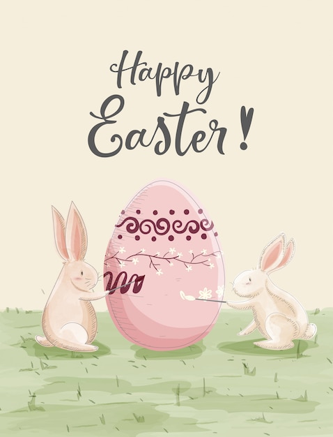 Vector watercolor painting of easter day's card. rabbits painting an egg on the garden.