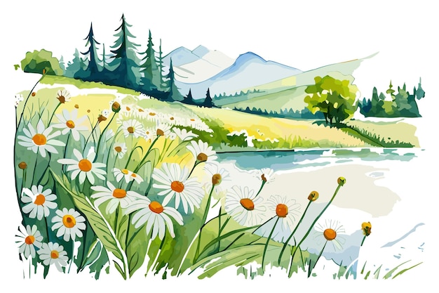 Vector a watercolor painting of a field of daisies and mountains