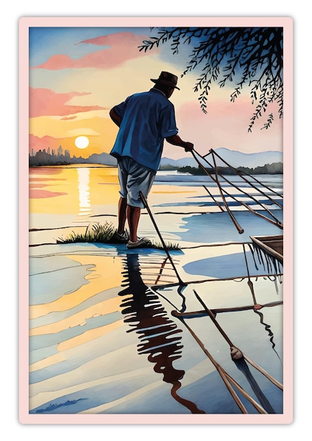 Watercolor painting fisherman poster