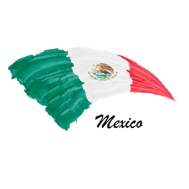 Watercolor painting flag of Mexico Hand drawing brush stroke illustration