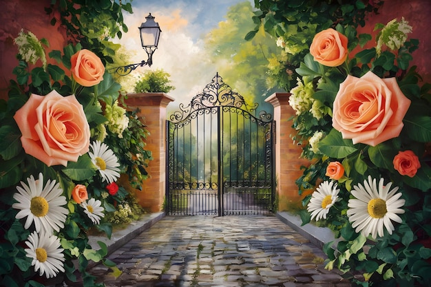 Vettore pittura ad acquerello del cancello del giardino dei fiori pittura paesaggistica con giardino del cortile della casa