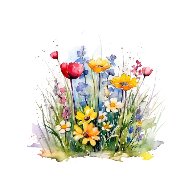 Watercolor painting of flowers in a field