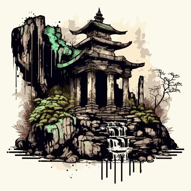 Vector watercolor painting of forest and big temple