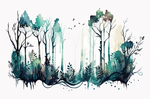 A watercolor painting of a forest with a forest background.