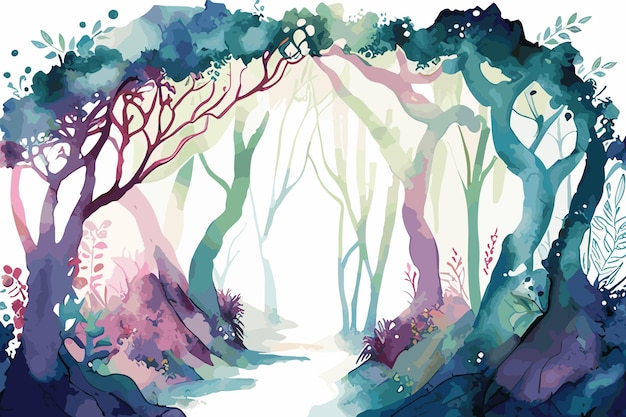 A watercolor painting of a forest with a path leading to it.
