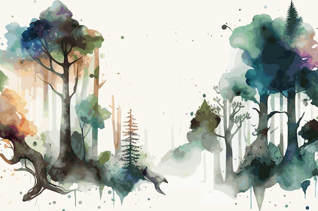 A watercolor painting of a forest with a tree and a forest.