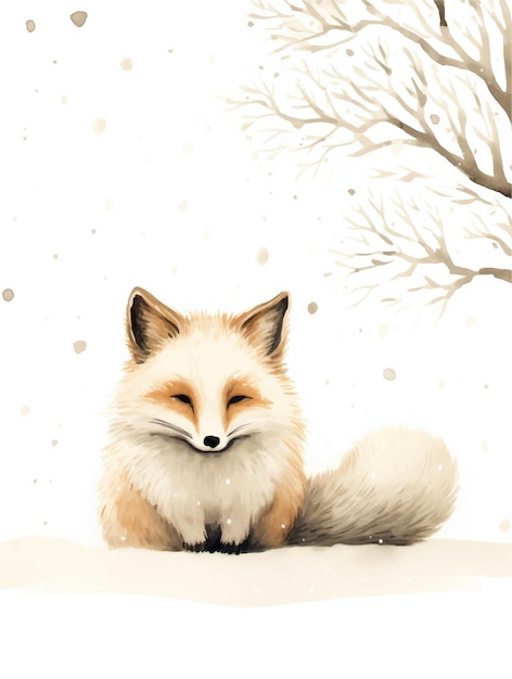 Watercolor painting of a fox in the winter forest Christmas card