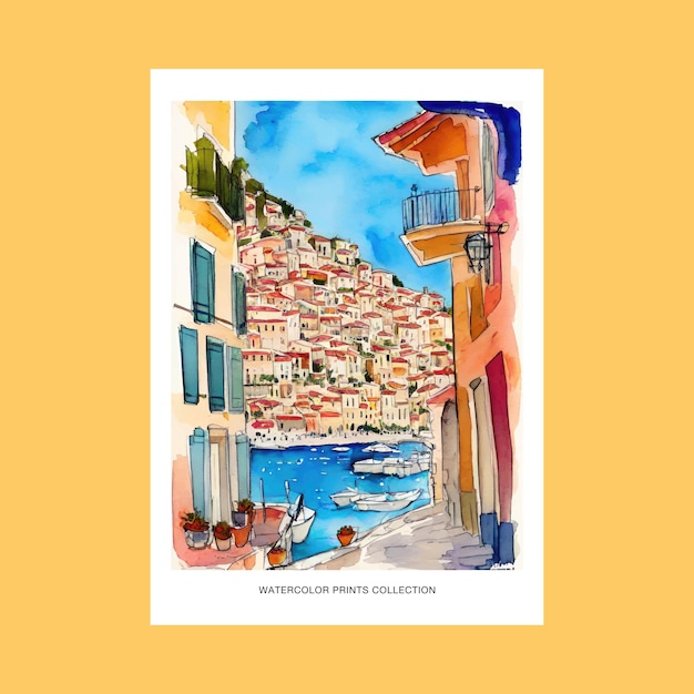 Vector watercolor painting of french riviera