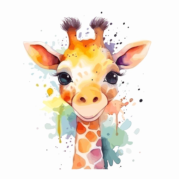 Watercolor painting of a giraffe with a black eye and a yellow nose.