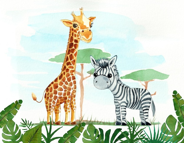 A watercolor painting of a giraffe and zebra