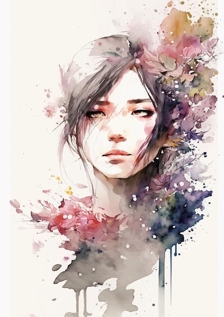 Акварельный рисунок девушки с цветами в волосах