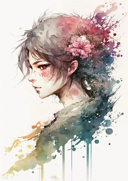 彼女の頭の上に花を持つ少女の水彩画