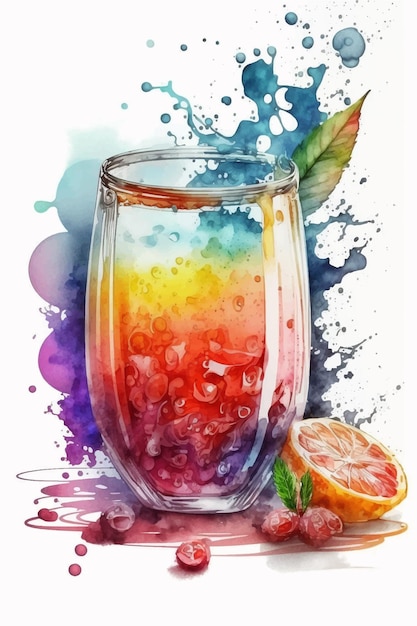 A watercolor painting of a glass of orange juice.