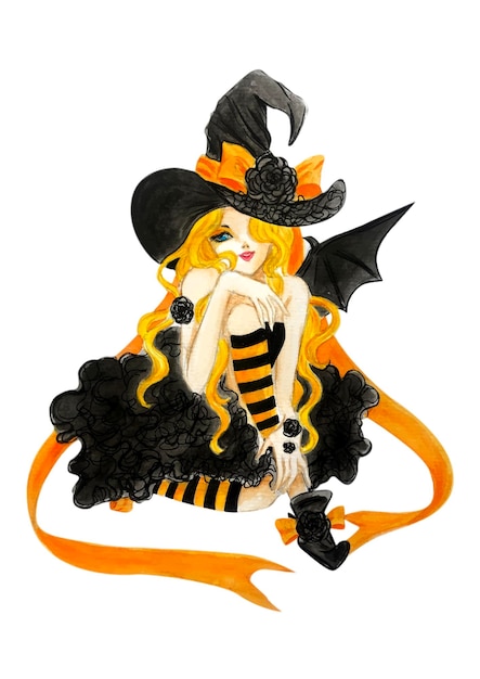 Watercolor painting halloween character. girl halloween with bat costume. handmade painting girl.