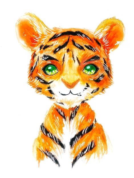 Watercolor painting handmade Little Tiger Character deisgn