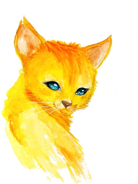 Watercolor painting handmade little yellow cat Character design