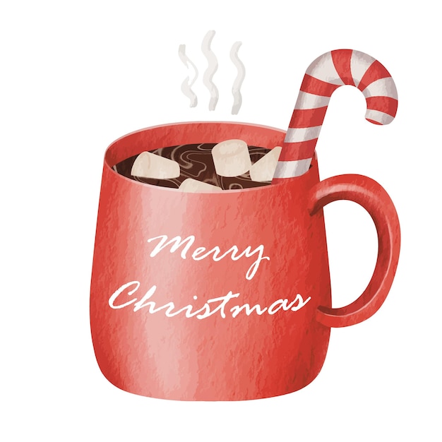 Vector watercolor painting of hot chocolate or hot cocoa in a red cup. a delicious seasonal warm drink.