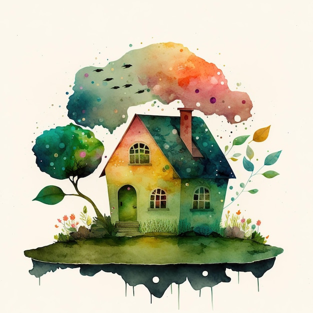 A watercolor painting of a house with a tree on the top.