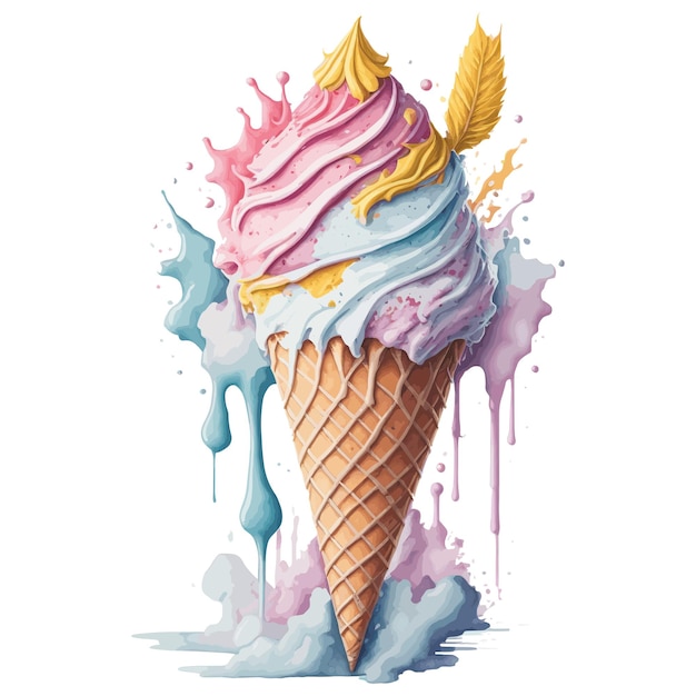 A watercolor painting of a ice cream cone with a splash of paint.
