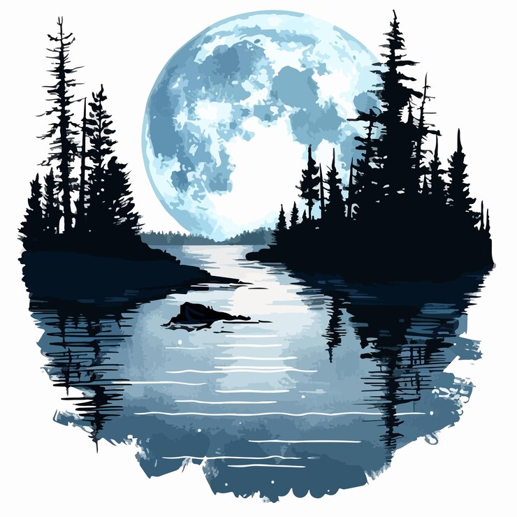 Vector a watercolor painting of a lake with a moon and trees in the background