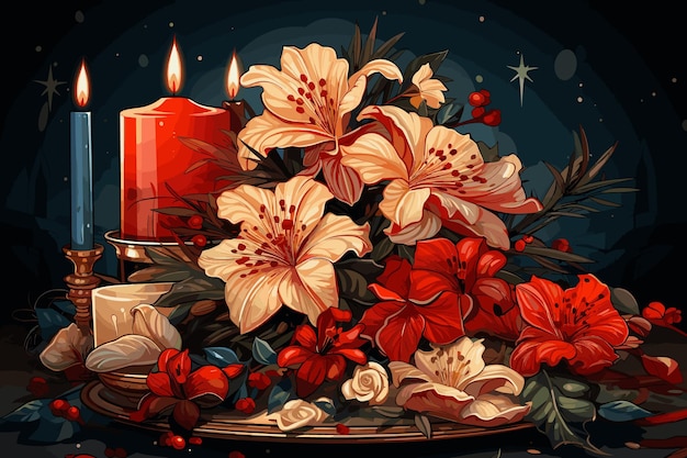 Watercolor painting of leaves and flower candlelight on dark background christmas decorations