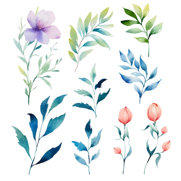 Watercolor Painting Leaves and Flowers