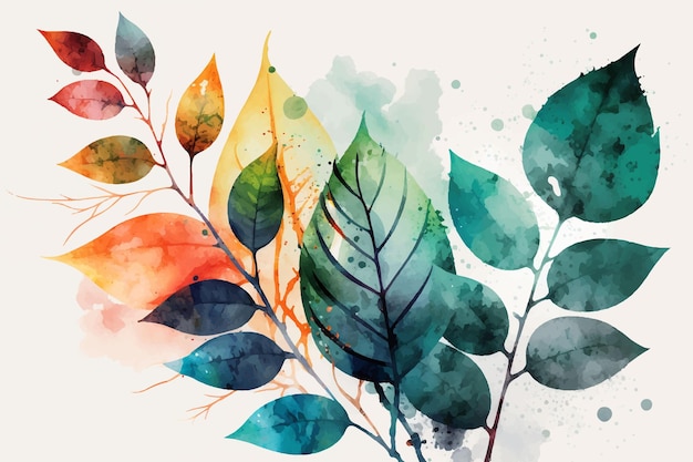 A watercolor painting of leaves with a blue background.