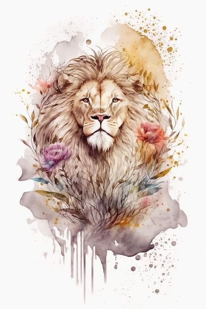 A watercolor painting of a lion's head