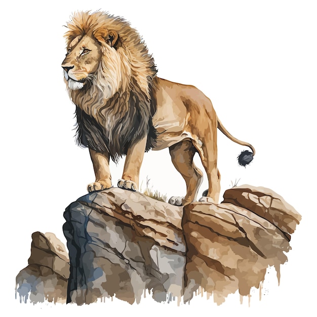 A watercolor painting of a lion standing on a rock.