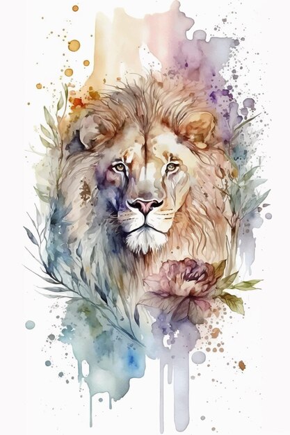 Vector watercolor painting of a lion with a flower.