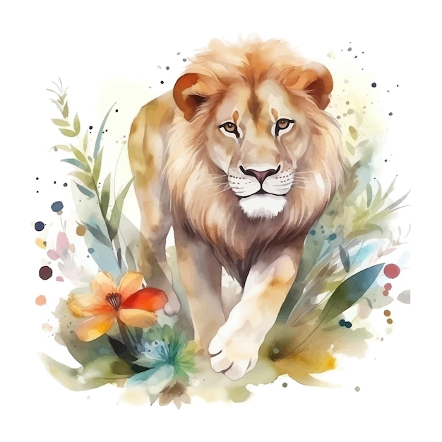 Watercolor painting of a lion with flowers and leaves