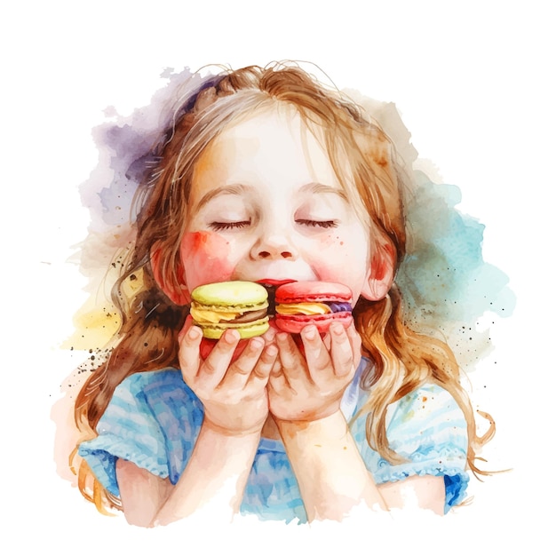 Vector watercolor painting of a little girl eating macaroons