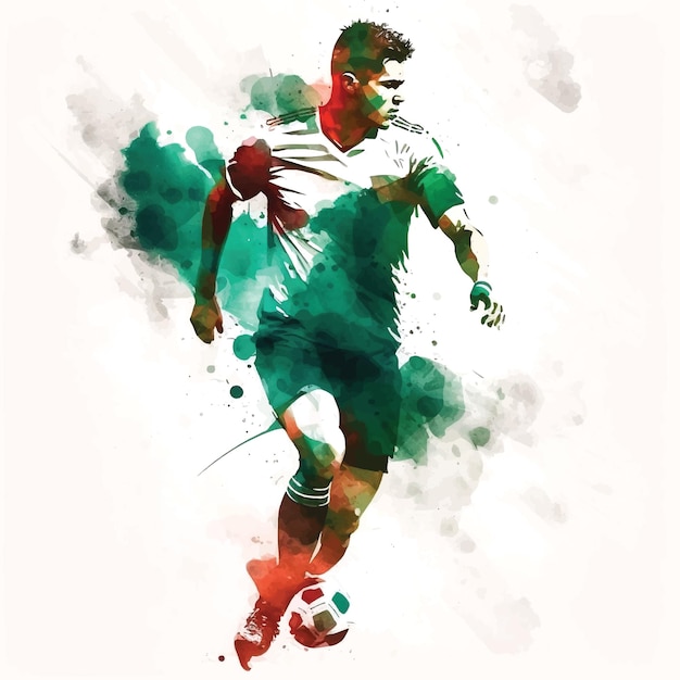 Watercolor painting of a man playing football soccer