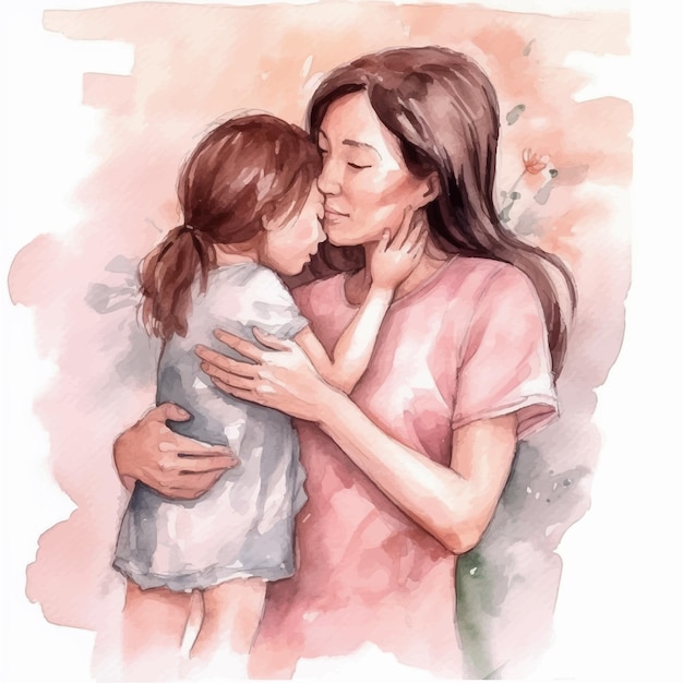 A watercolor painting of a mother and daughter