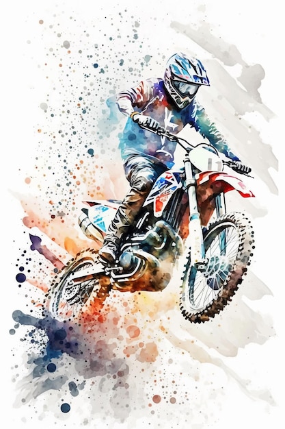 Vector a watercolor painting of a motocross rider in blue and white.