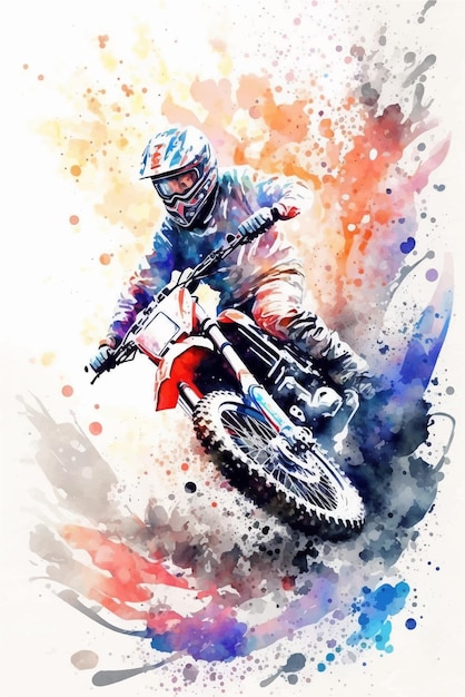 Vettore un dipinto ad acquerello di un pilota di motocross.
