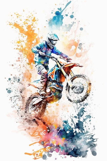 A watercolor painting of a motocross rider