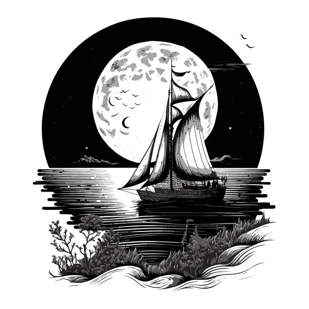 ベクトル 夜の帆船の水彩画